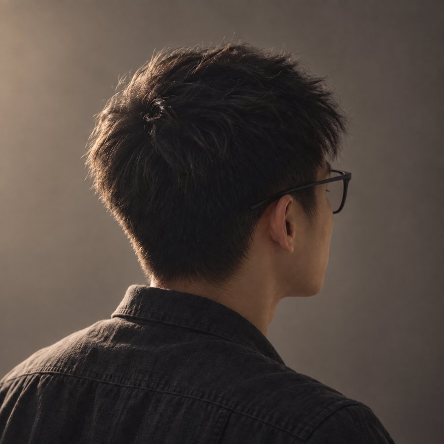 The editor seen from behind and to one side, wearing glasses, in warm side light against a plain backdrop